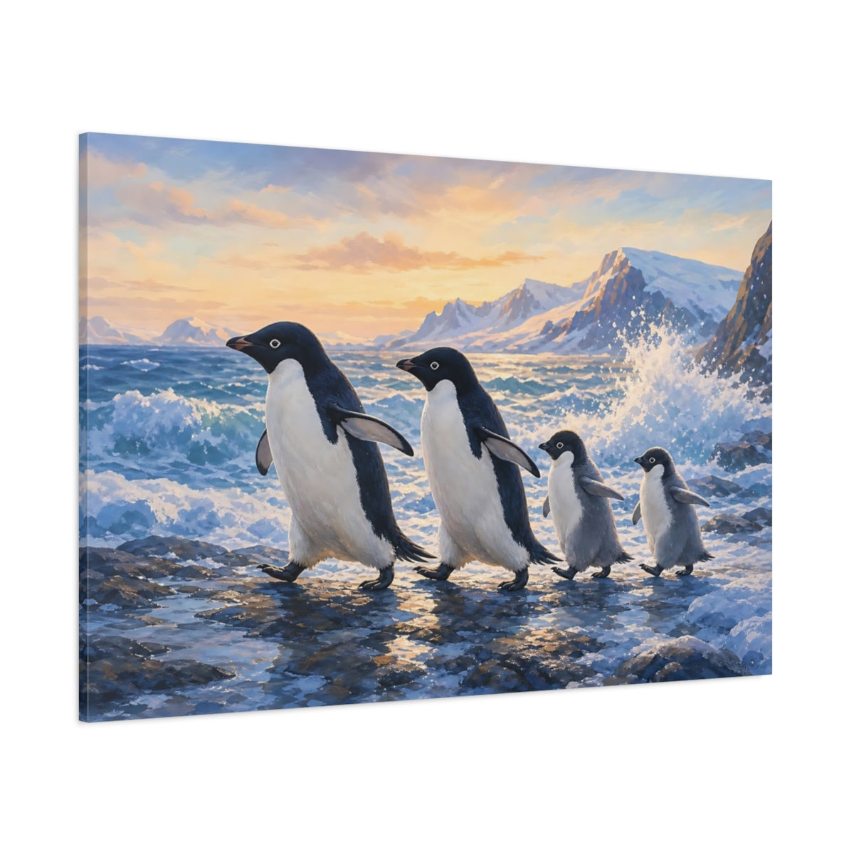 Side Mockup 1. Animals Penguin Family Penguins Arctic Sunset shown as canvas print