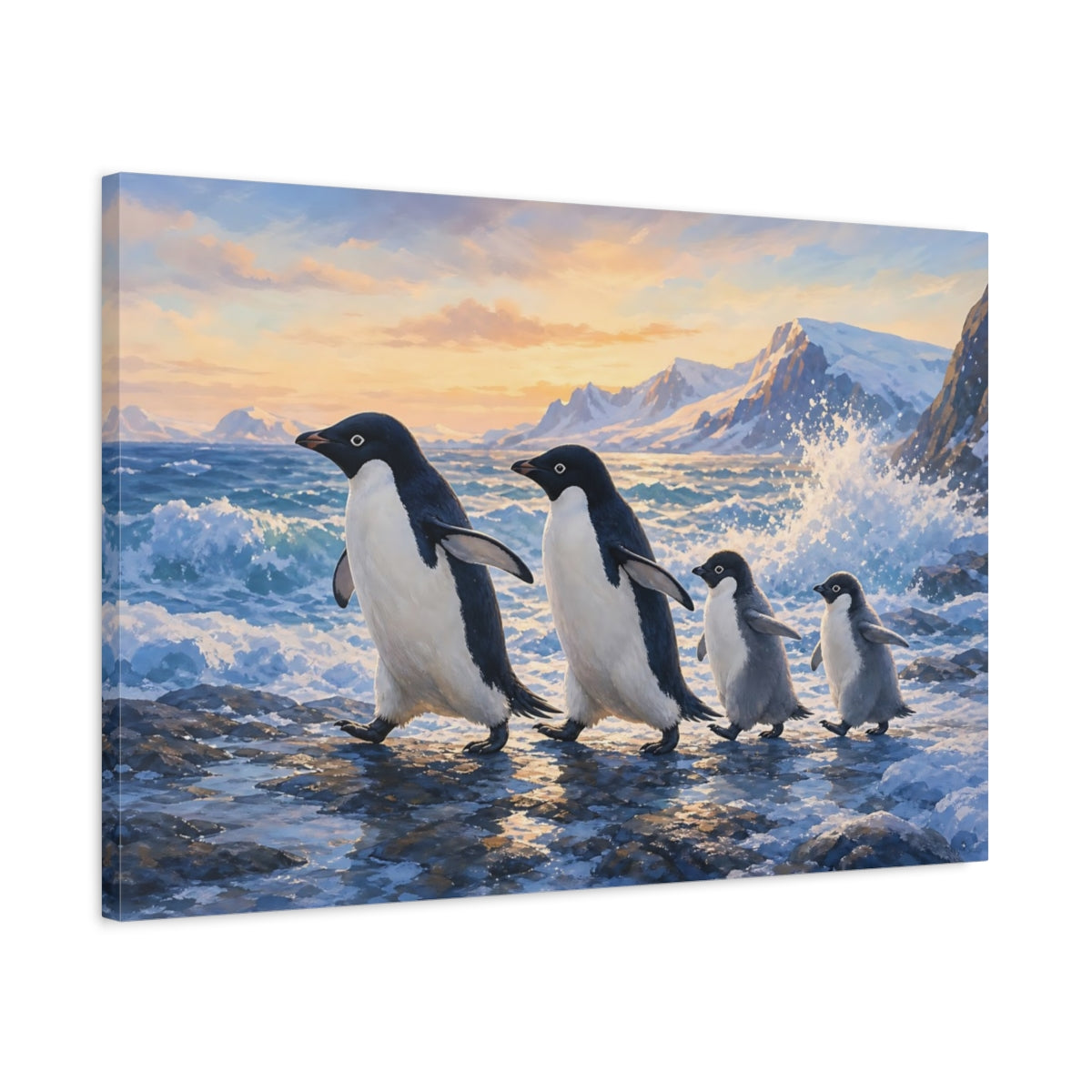 Side Mockup 2. Animals Penguin Family Penguins Arctic Sunset shown as canvas print