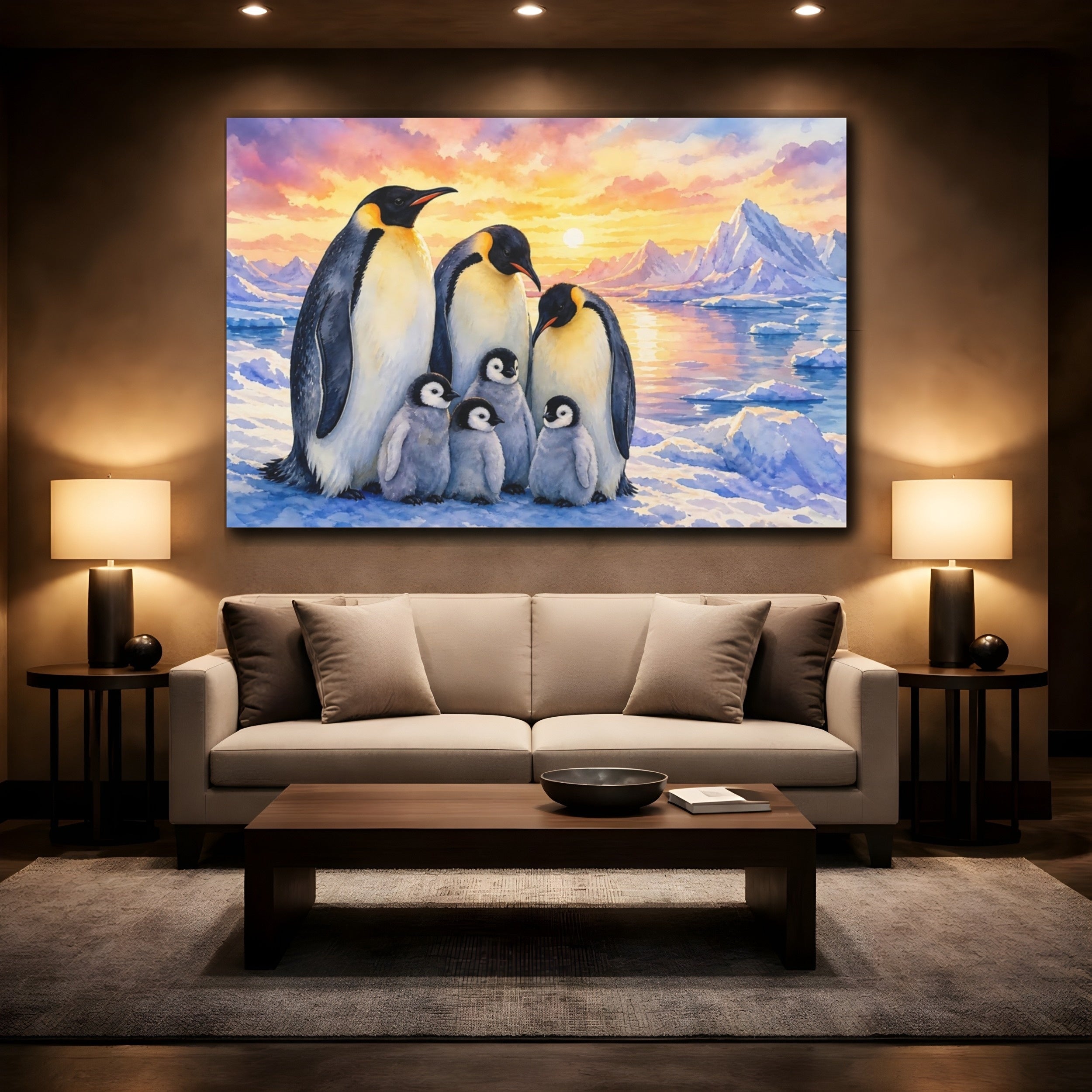 Mockup 2. Animals Penguin Family Penguin Sunset Watercolor shown as canvas print