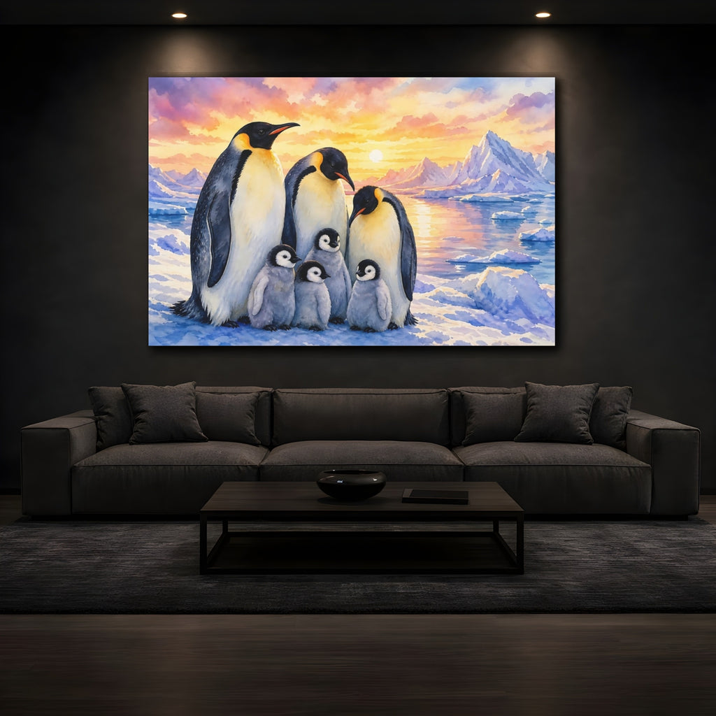 Mockup 3. Animals Penguin Family Penguin Sunset Watercolor shown as canvas print