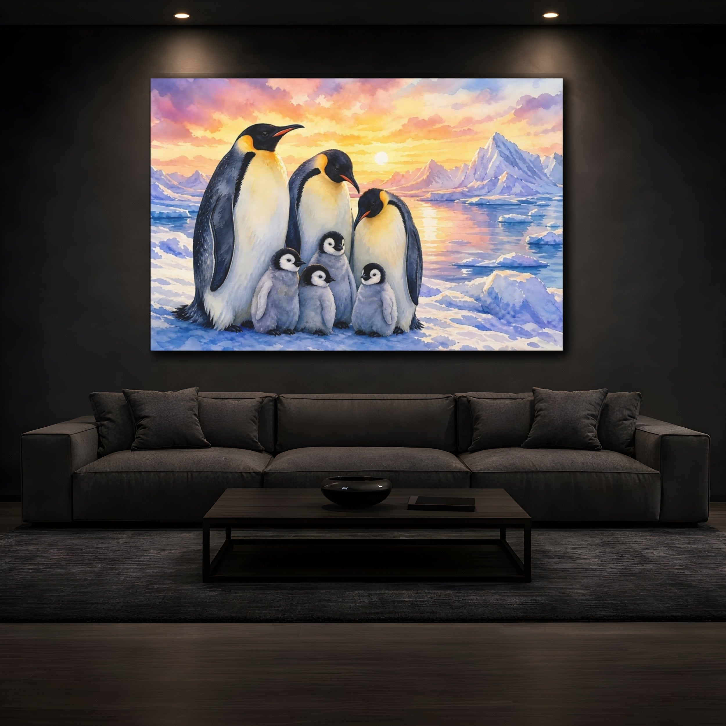 Mockup 3. Animals Penguin Family Penguin Sunset Watercolor shown as canvas print