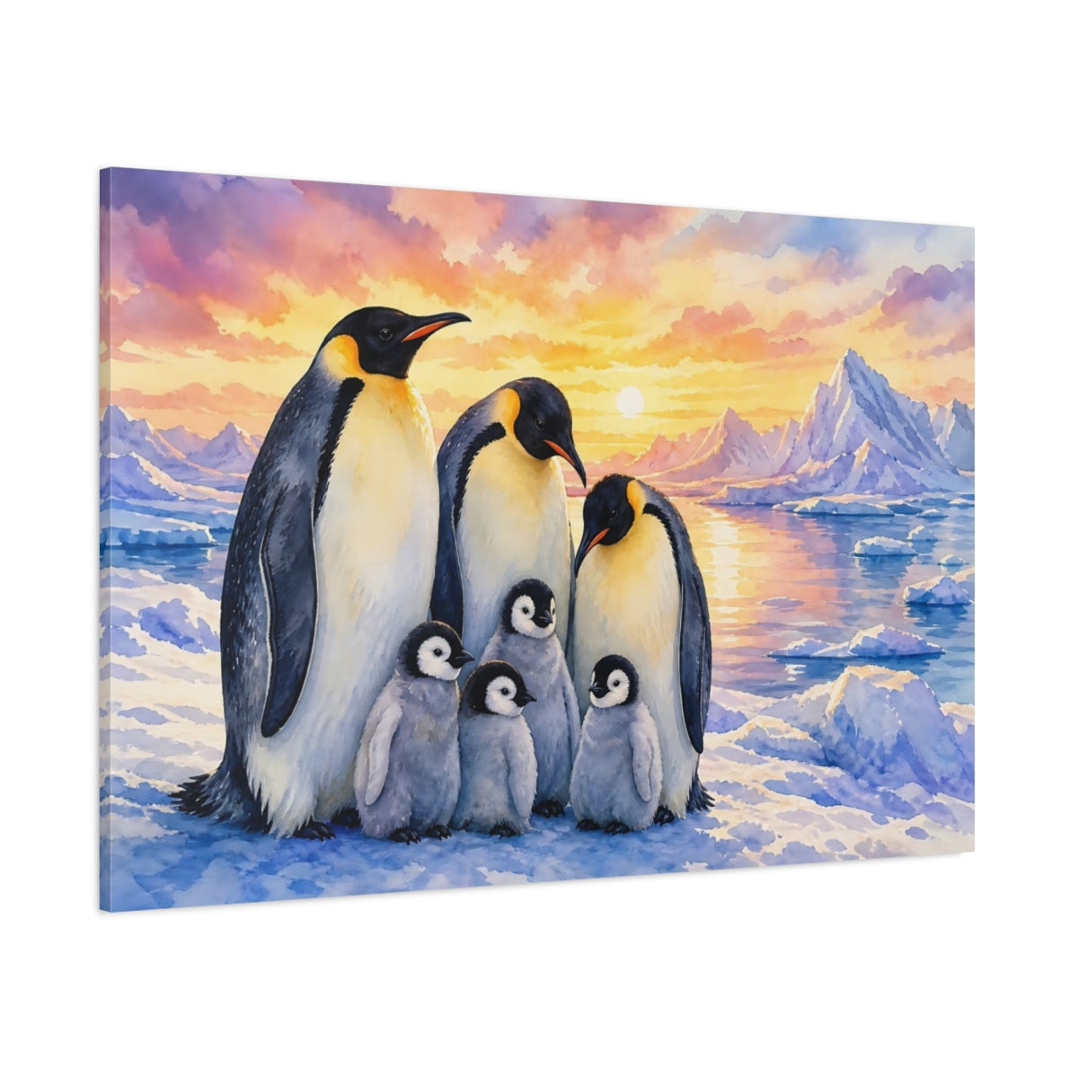 Side Mockup 1. Animals Penguin Family Penguin Sunset Watercolor shown as canvas print