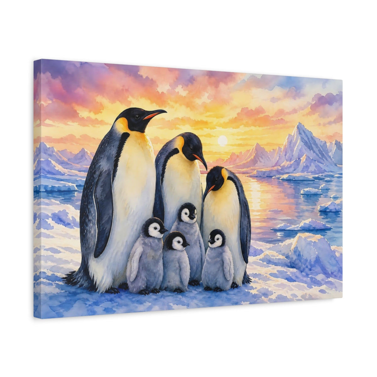 Side Mockup 3. Animals Penguin Family Penguin Sunset Watercolor shown as canvas print