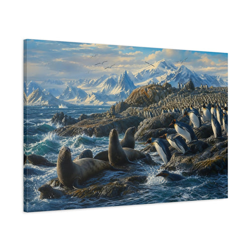 Main Mockup. Animals Penguins And Seals Blue And White Wildlife shown as stretched canvas wall art
