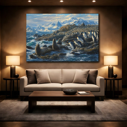 Mockup 2. Animals Penguins And Seals Blue And White Wildlife shown as stretched canvas wall art