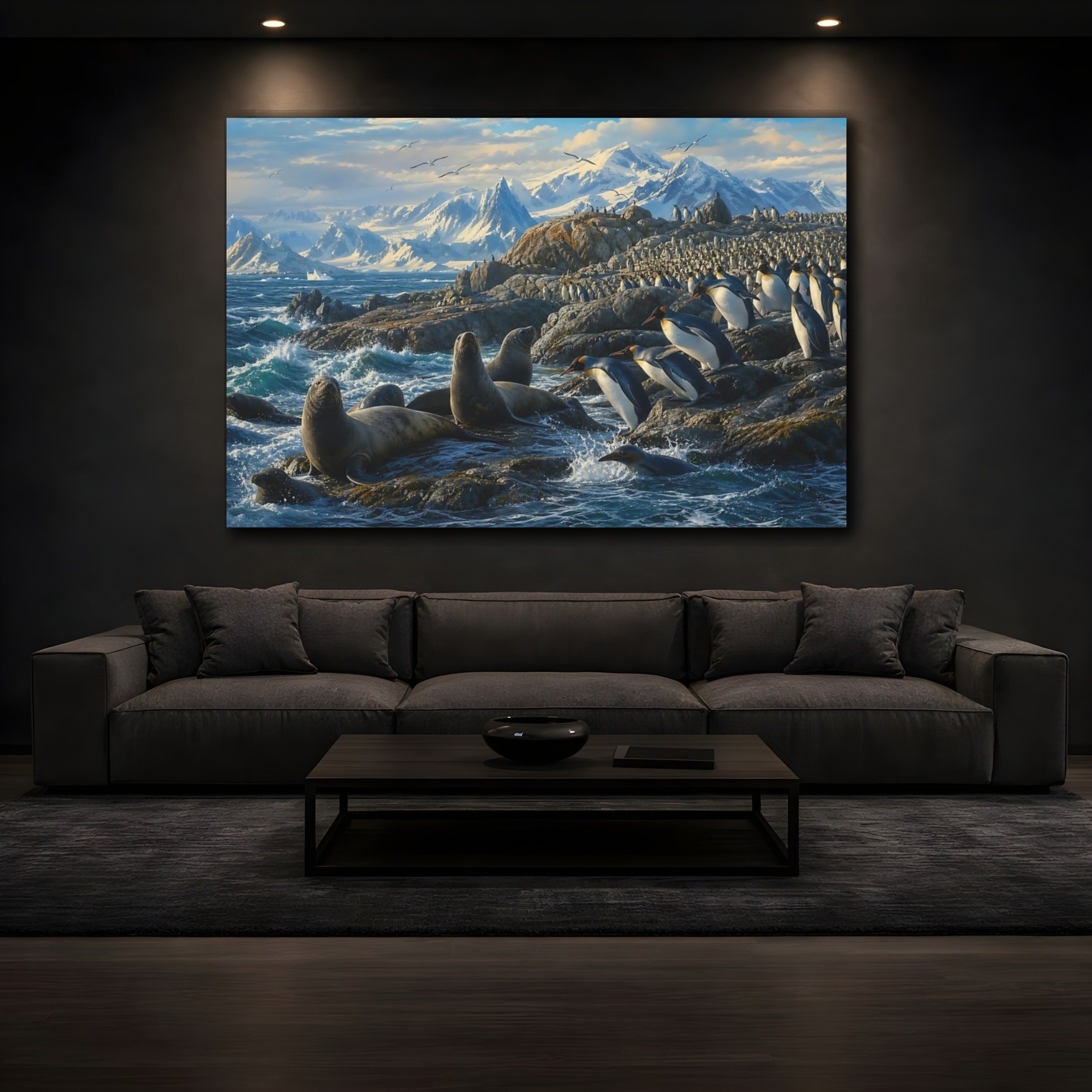 Mockup 3. Animals Penguins And Seals Blue And White Wildlife shown as stretched canvas wall art