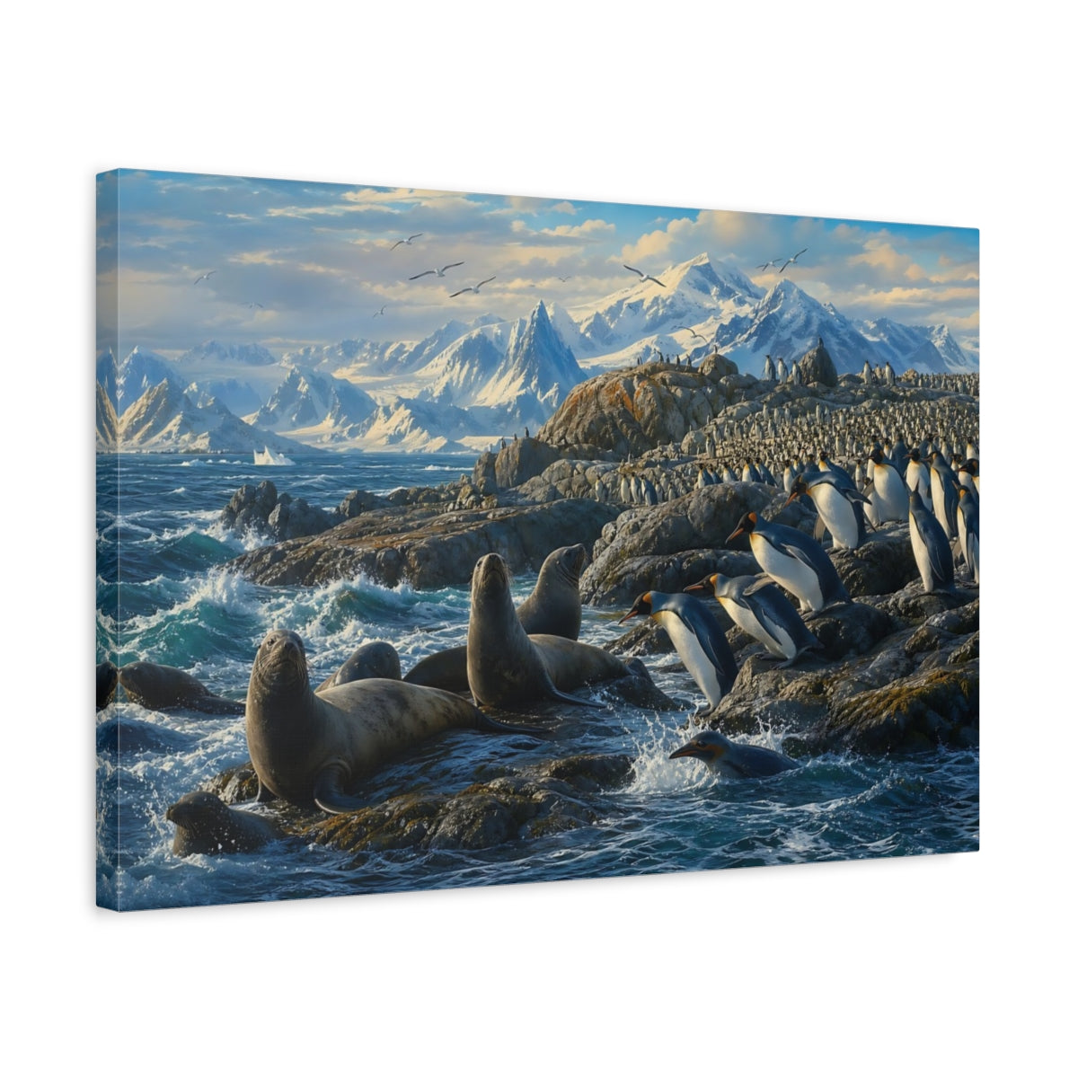 Side Mockup 3. Animals Penguins And Seals Blue And White Wildlife shown as stretched canvas wall art