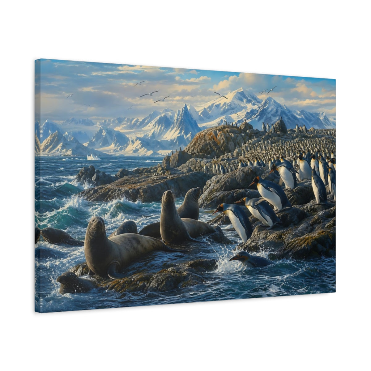 Side Mockup 2. Animals Penguins And Seals Blue And White Wildlife shown as stretched canvas wall art