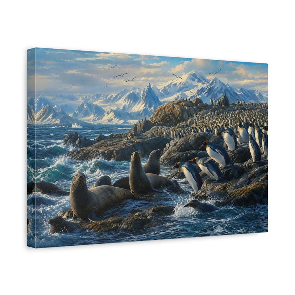 Side Mockup 4. Animals Penguins And Seals Blue And White Wildlife shown as stretched canvas wall art