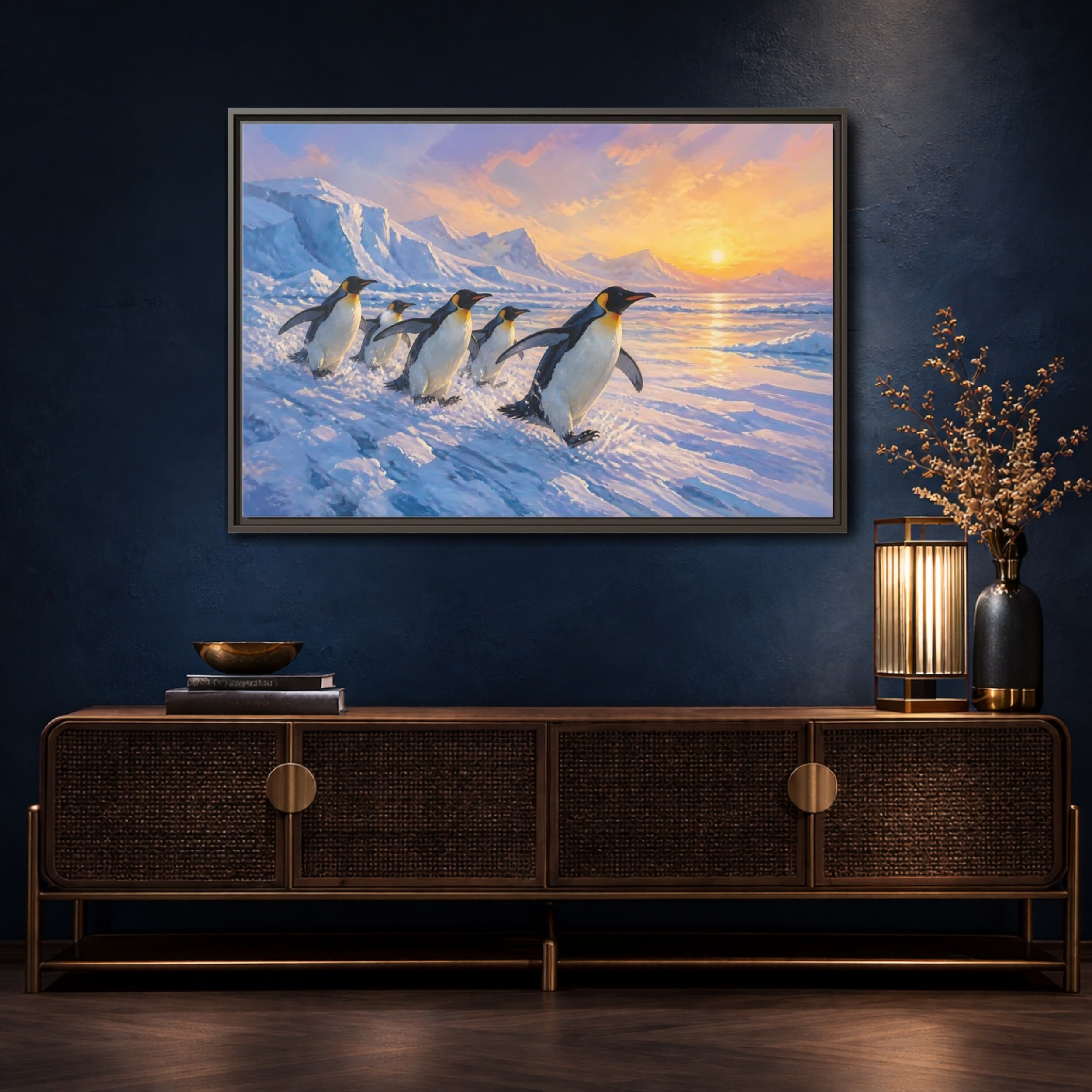 Mockup 4. Animals Penguins Arctic Penguins shown as stretched canvas wall art