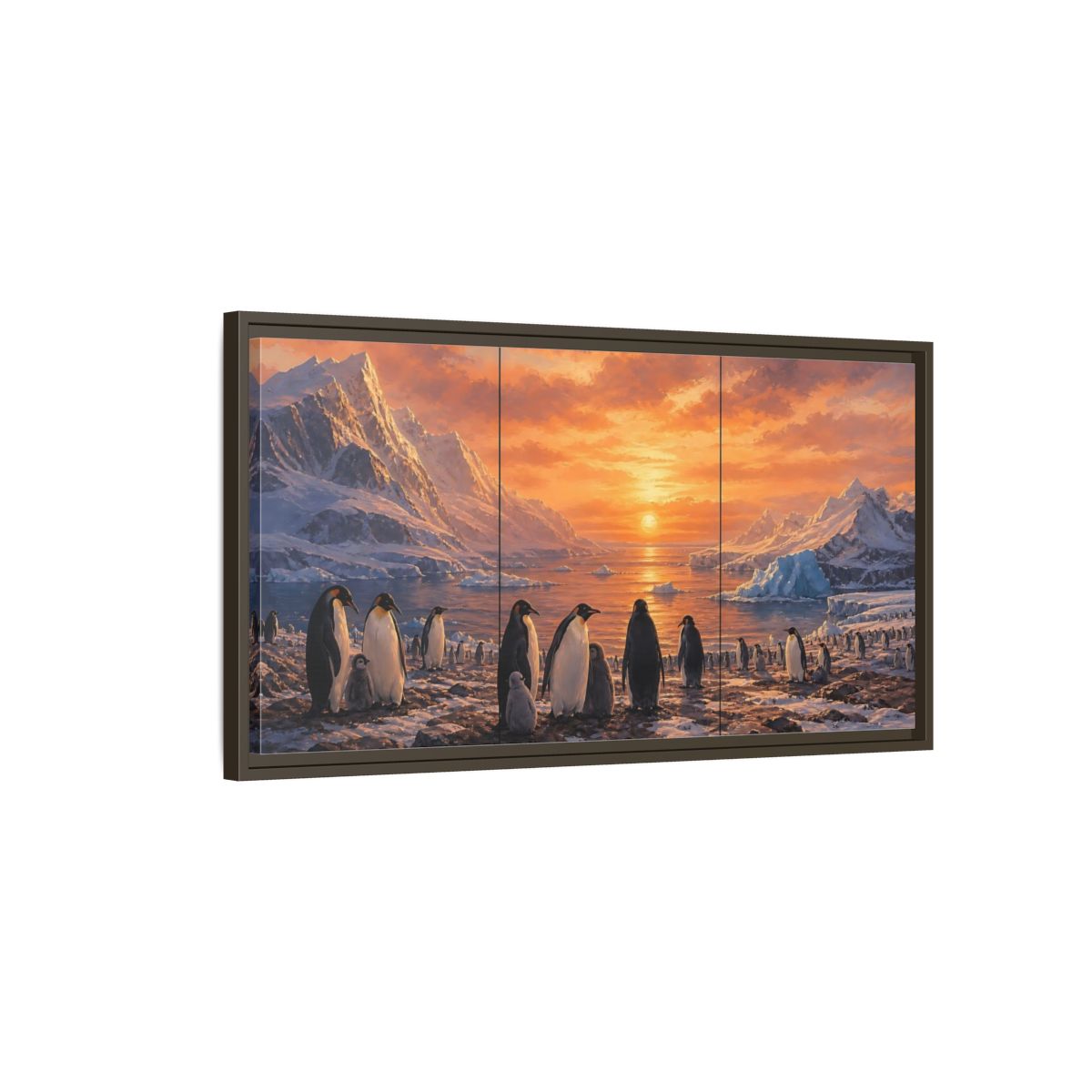 Main Mockup. Animals Penguins Penguins Sunset shown as stretched canvas wall art