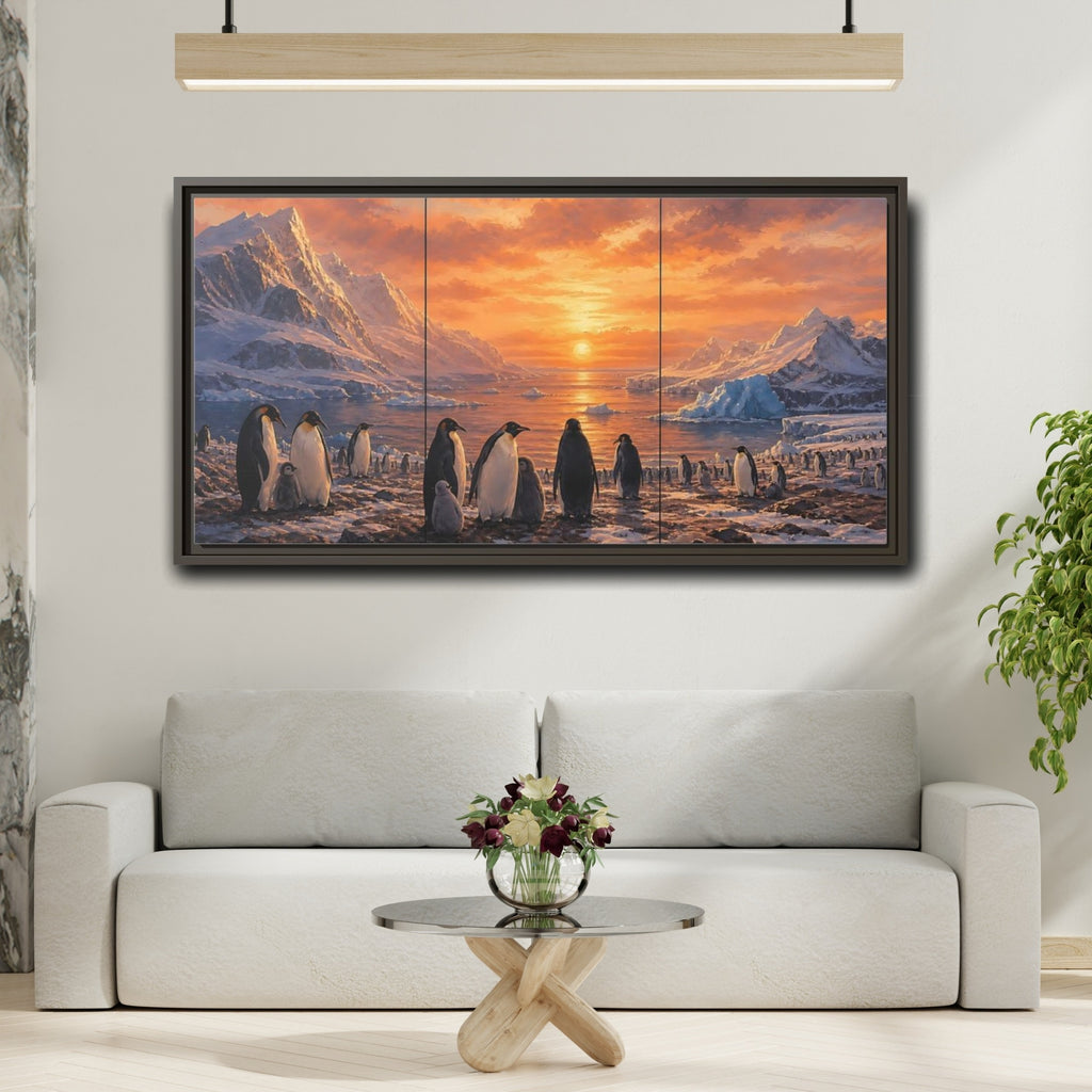 Mockup 2. Animals Penguins Penguins Sunset shown as stretched canvas wall art