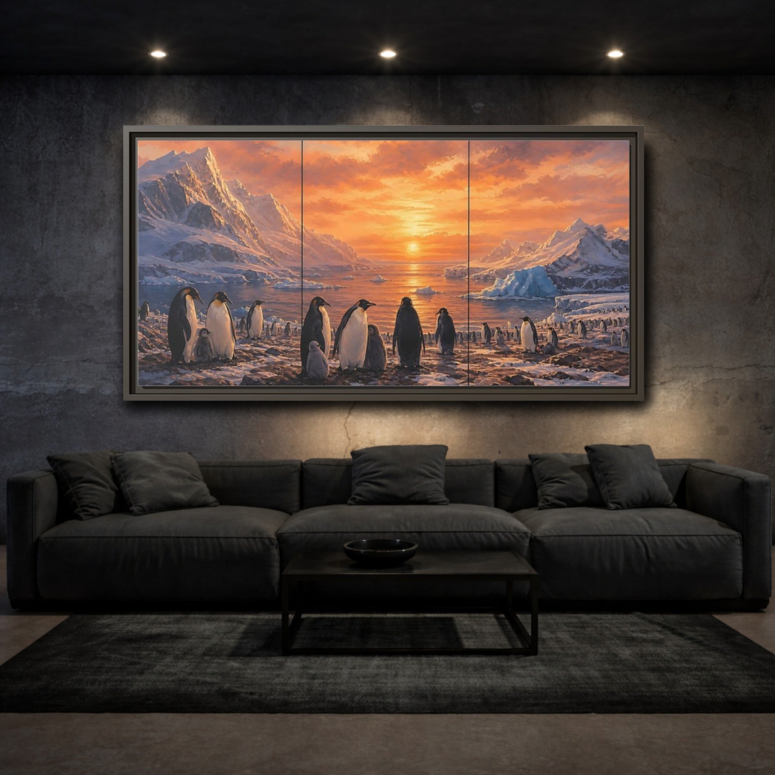 Mockup 3. Animals Penguins Penguins Sunset shown as stretched canvas wall art