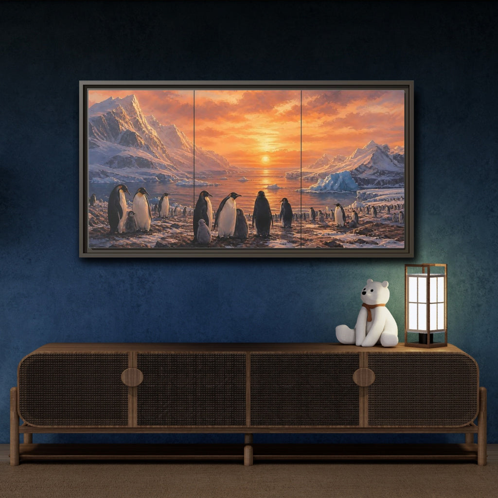 Mockup 4. Animals Penguins Penguins Sunset shown as stretched canvas wall art