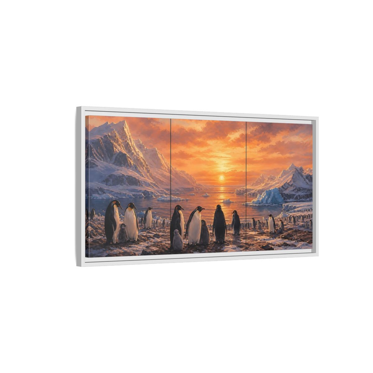 Side Mockup 1. Animals Penguins Penguins Sunset shown as stretched canvas wall art