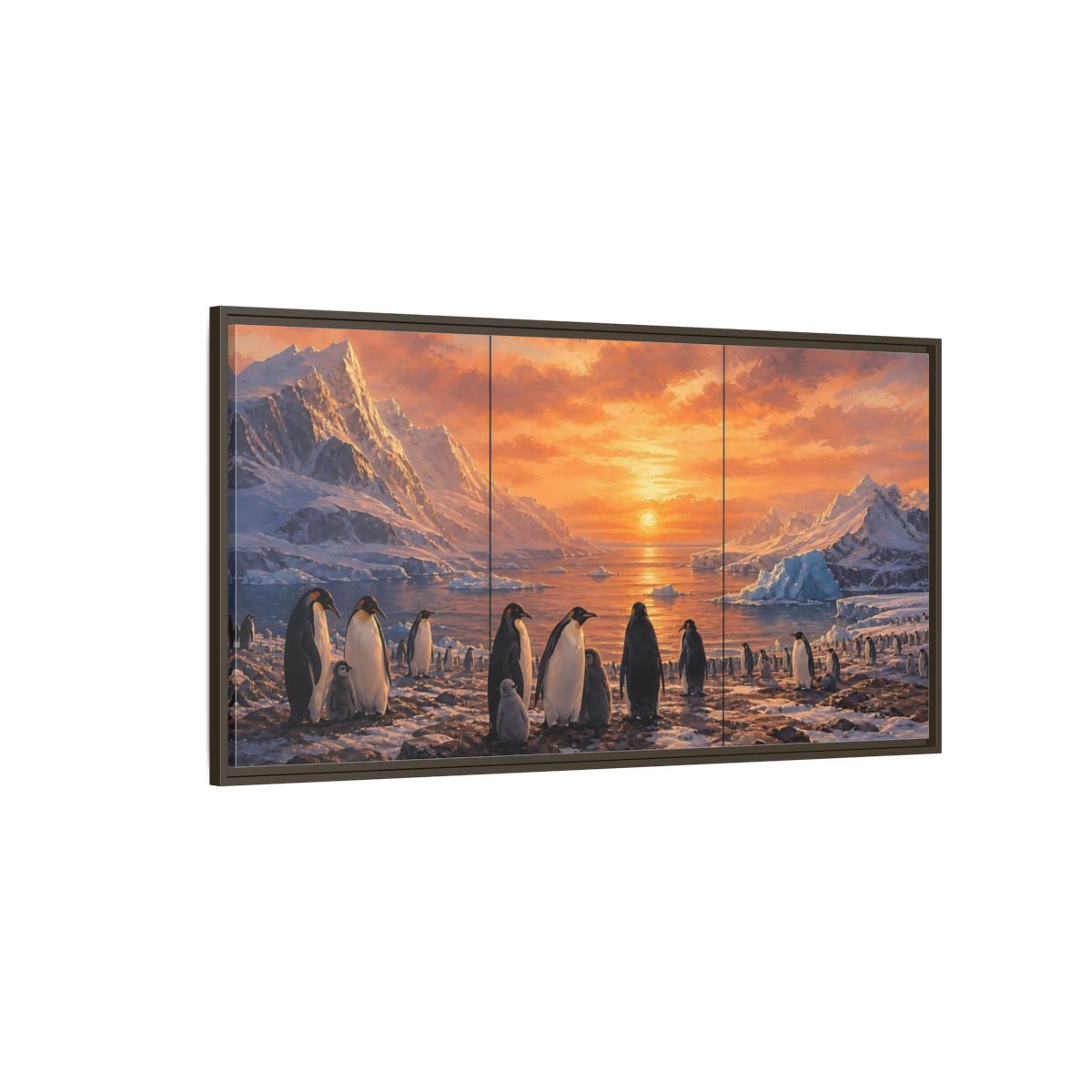 Side Mockup 4. Animals Penguins Penguins Sunset shown as stretched canvas wall art