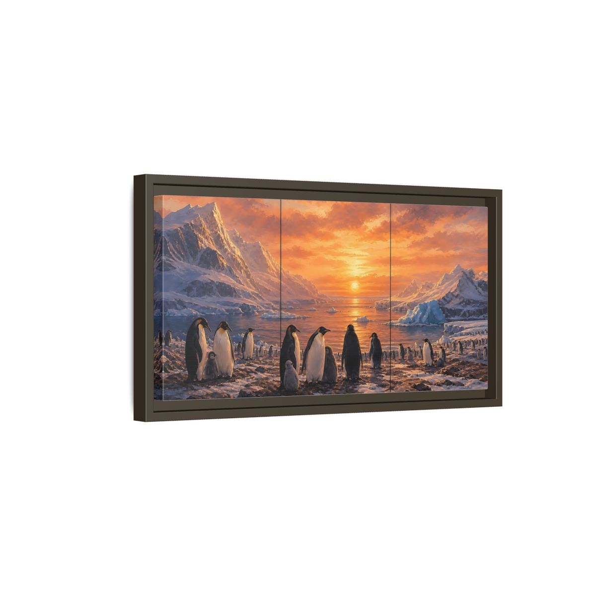 Side Mockup 7. Animals Penguins Penguins Sunset shown as stretched canvas wall art