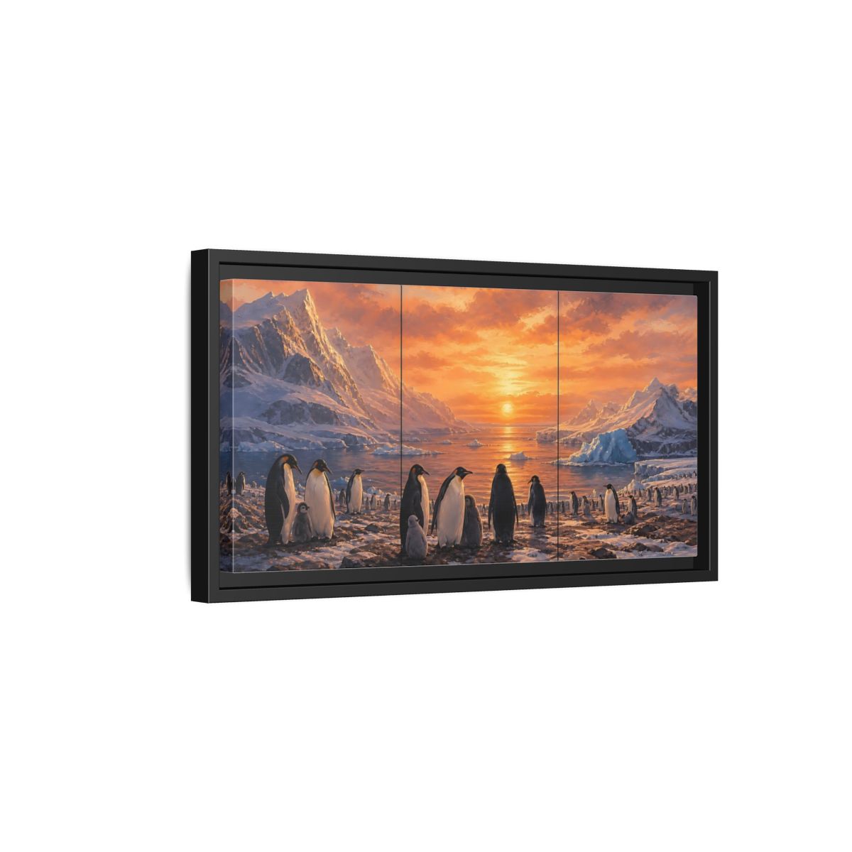 Side Mockup 8. Animals Penguins Penguins Sunset shown as stretched canvas wall art
