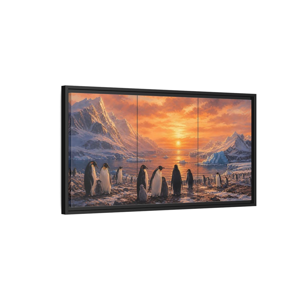 Side Mockup 2. Animals Penguins Penguins Sunset shown as stretched canvas wall art
