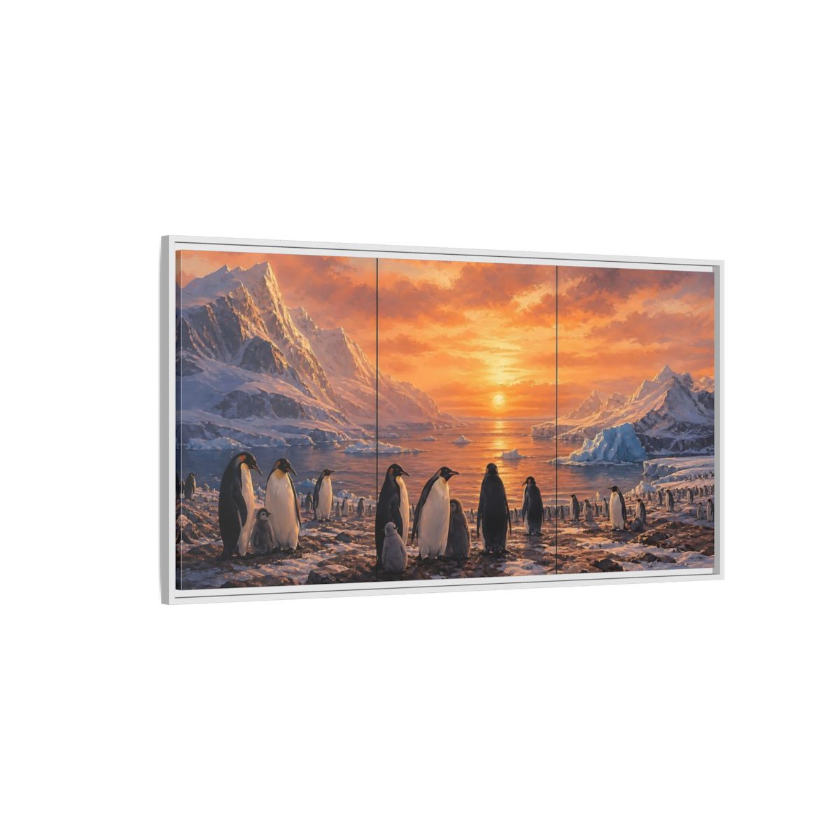 Side Mockup 3. Animals Penguins Penguins Sunset shown as stretched canvas wall art