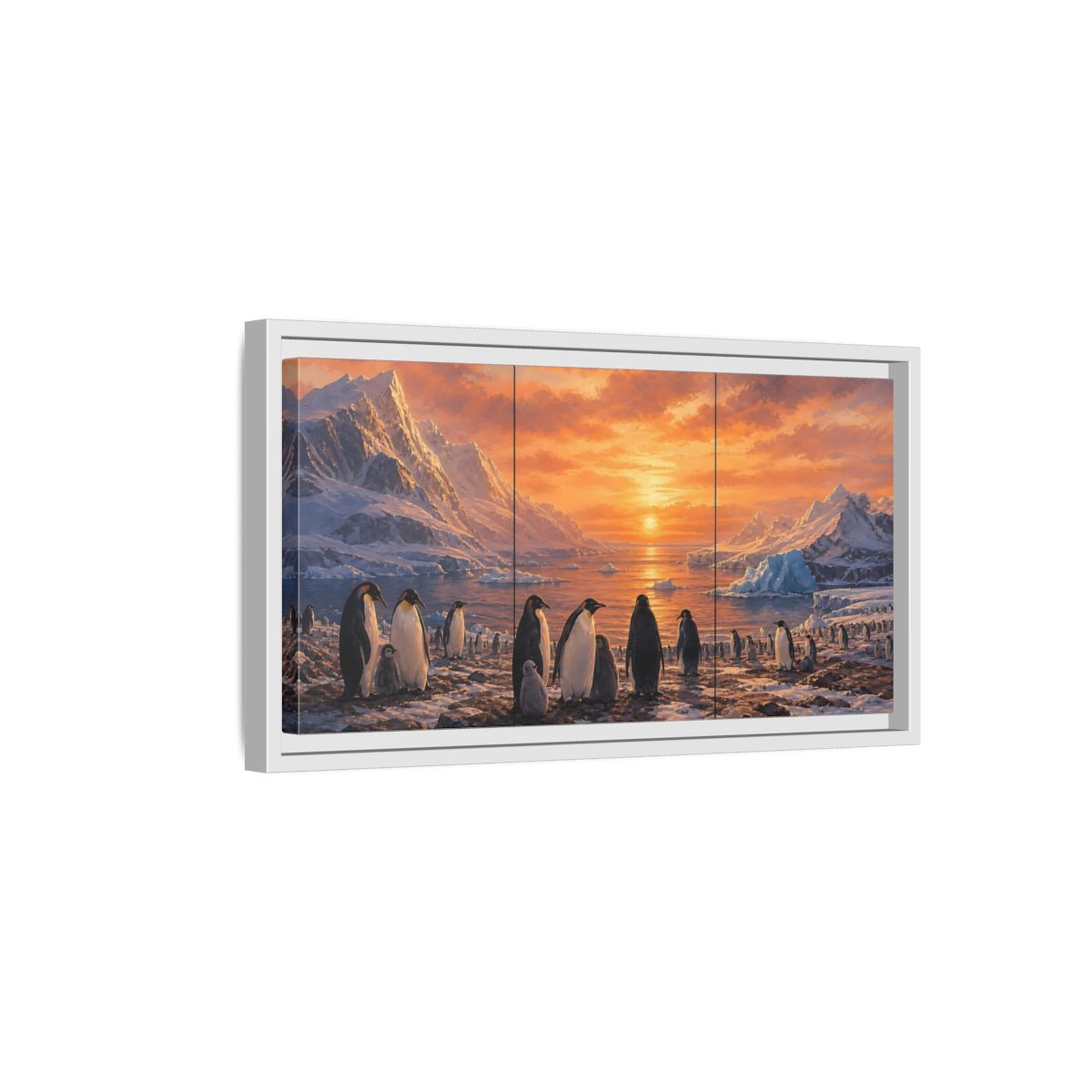 Side Mockup 6. Animals Penguins Penguins Sunset shown as stretched canvas wall art