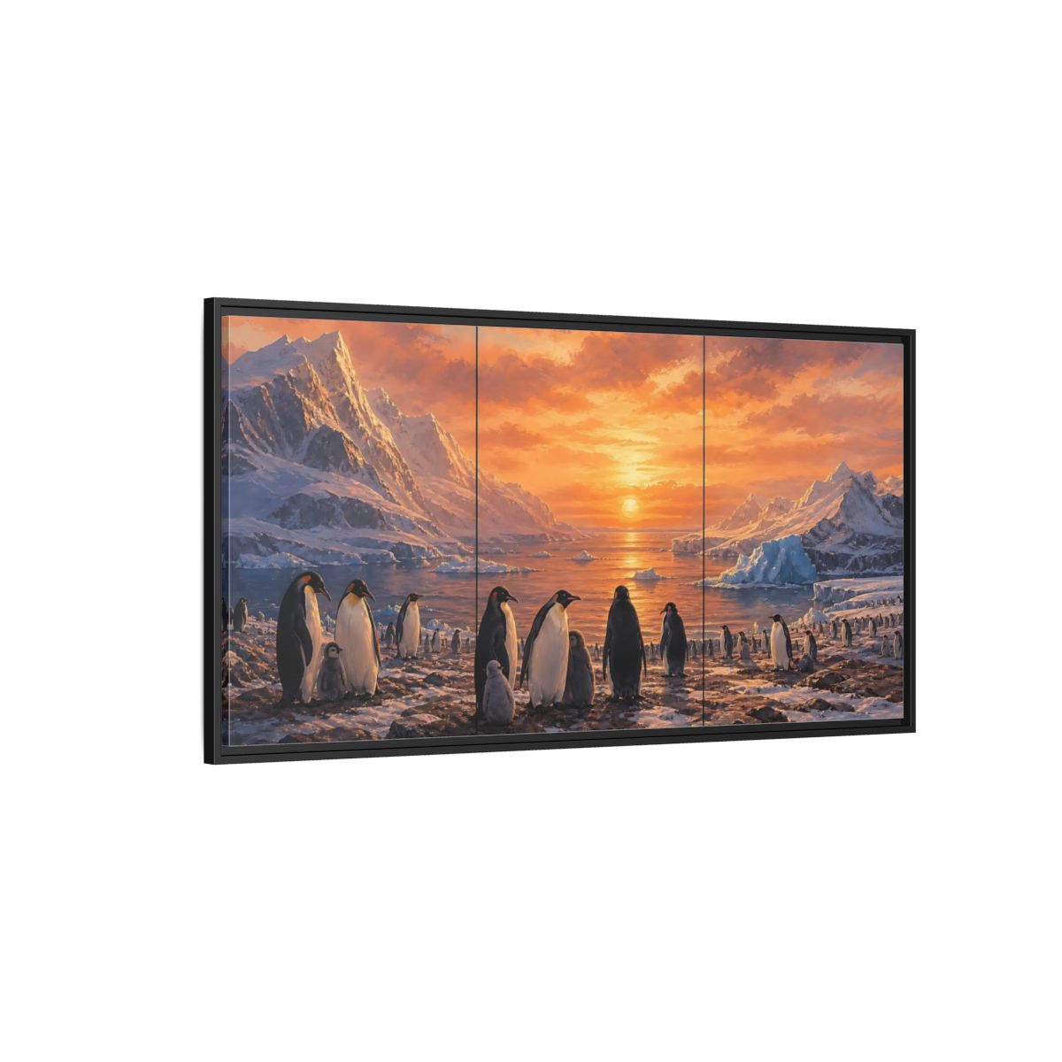 Side Mockup 5. Animals Penguins Penguins Sunset shown as stretched canvas wall art
