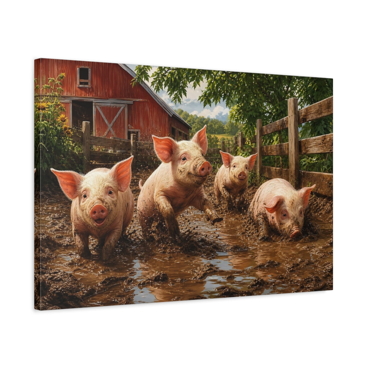 Side Mockup 2. Animals Pigs Muddy Pigs shown as stretched canvas wall art