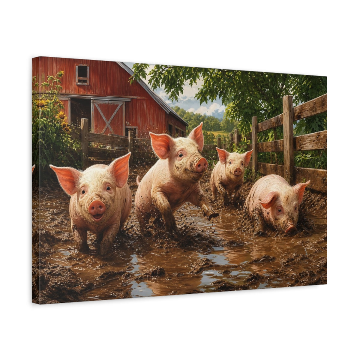 Side Mockup 3. Animals Pigs Muddy Pigs shown as stretched canvas wall art