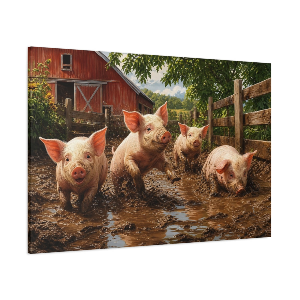 Side Mockup 1. Animals Pigs Muddy Pigs shown as stretched canvas wall art