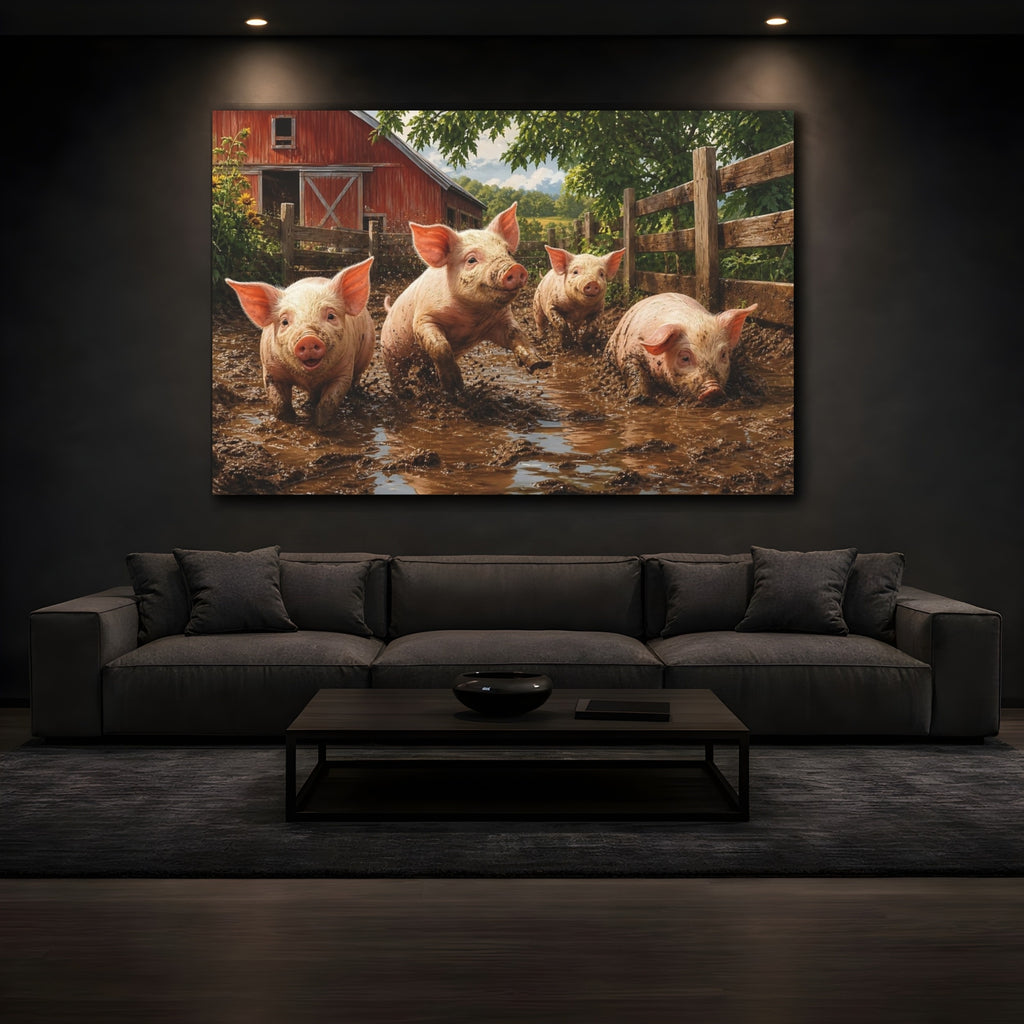 Mockup 3. Animals Pigs Muddy Pigs shown as stretched canvas wall art