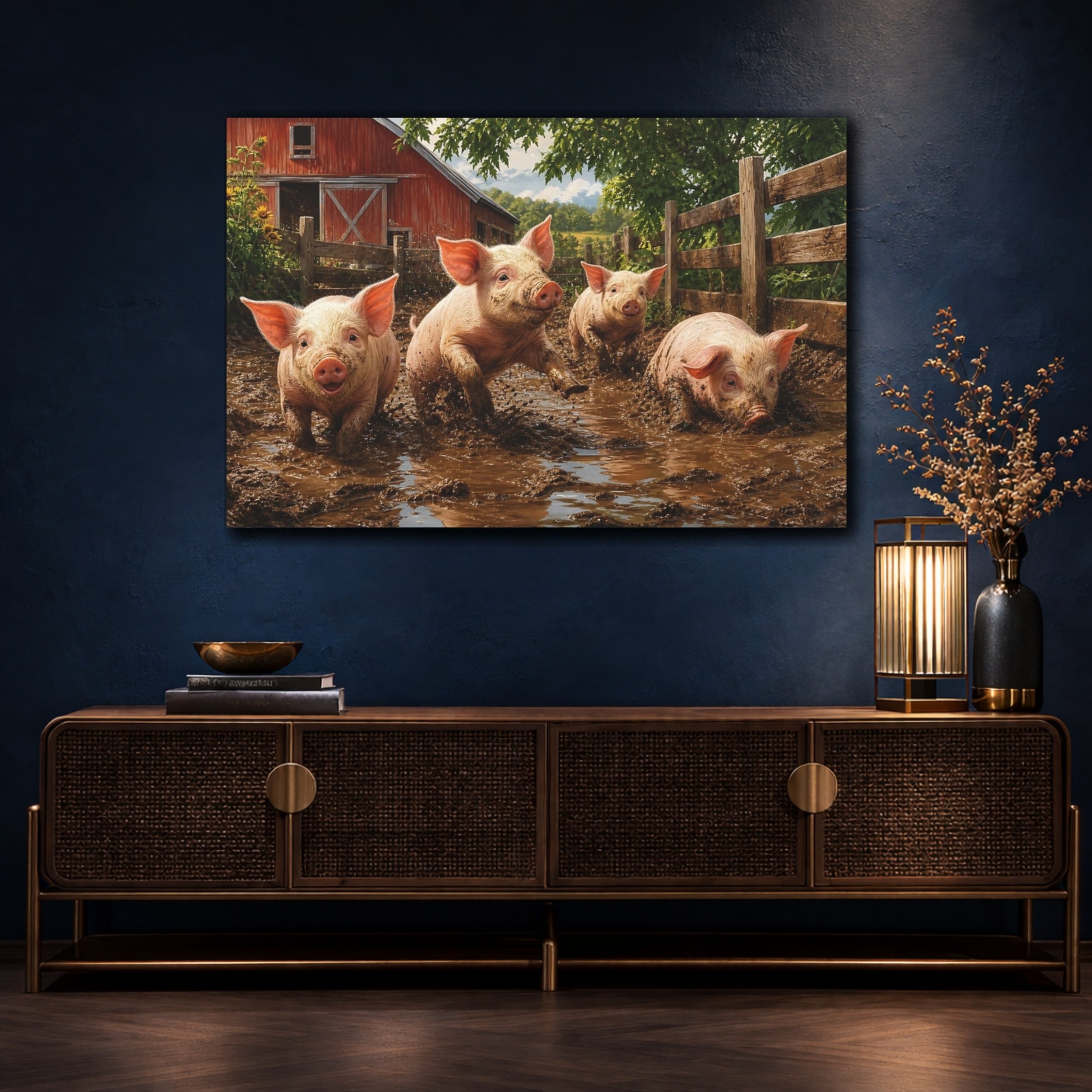 Mockup 4. Animals Pigs Muddy Pigs shown as stretched canvas wall art