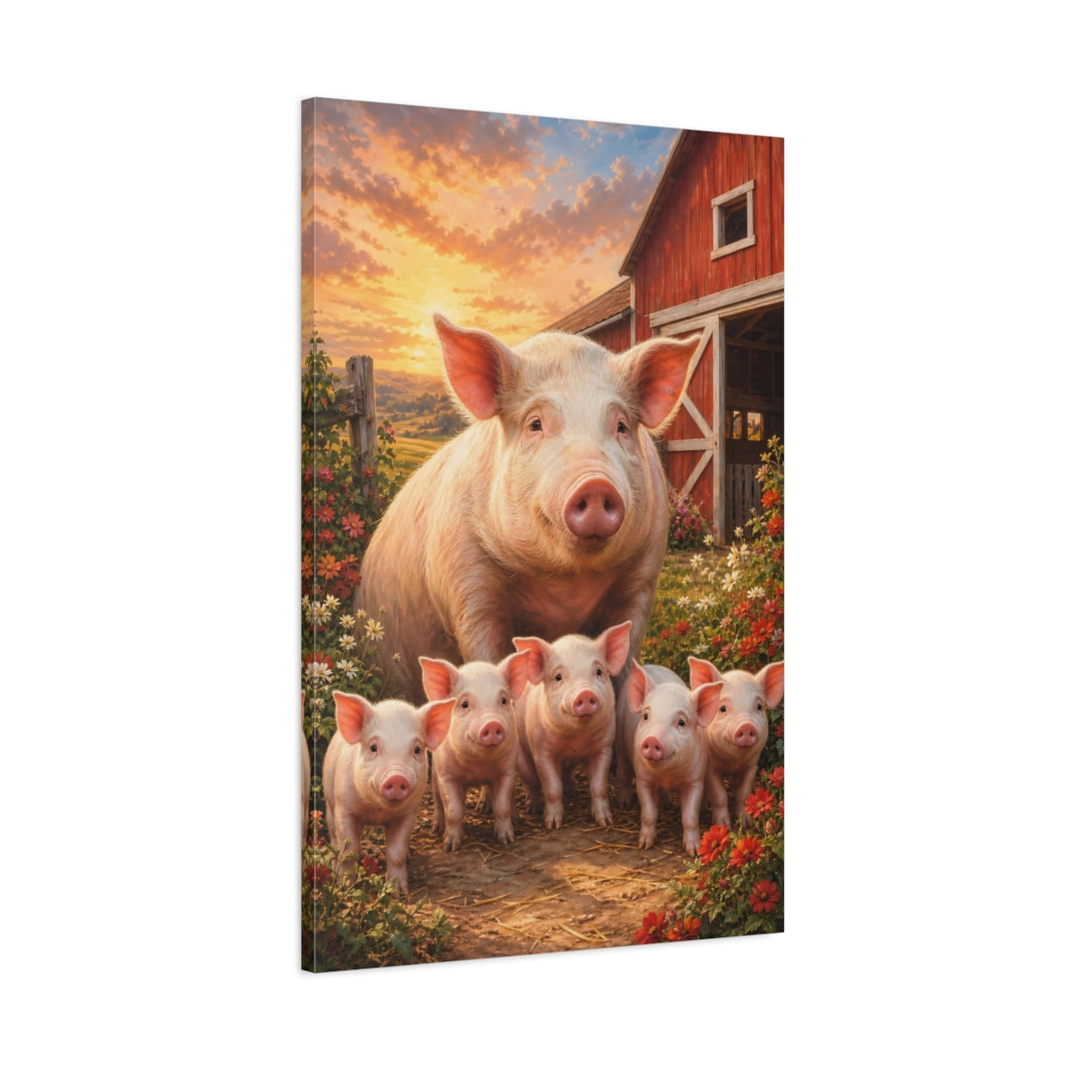 Main Mockup. Animals Pigs Sunset Farm Scene shown as stretched canvas wall art
