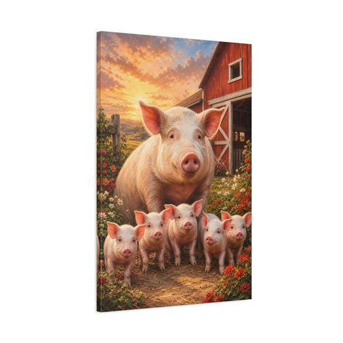 Main Mockup. Animals Pigs Sunset Farm Scene shown as stretched canvas wall art