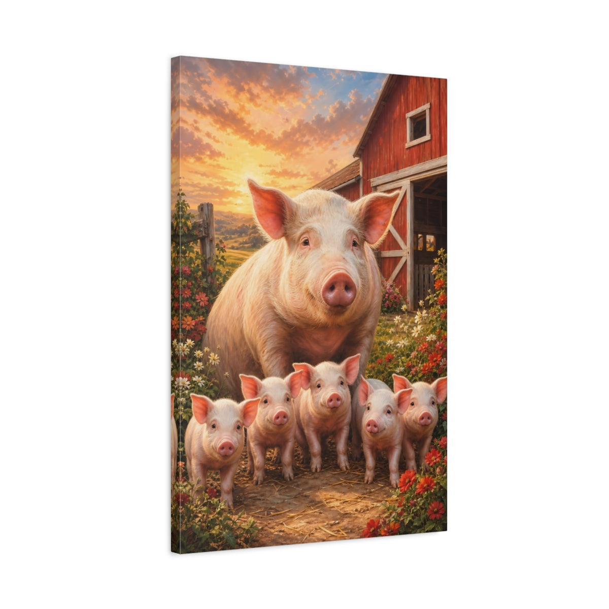 Side Mockup 2. Animals Pigs Sunset Farm Scene shown as stretched canvas wall art