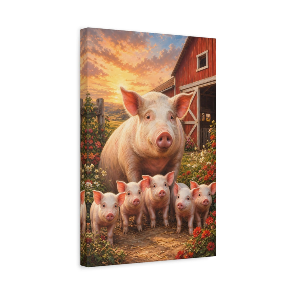 Side Mockup 4. Animals Pigs Sunset Farm Scene shown as stretched canvas wall art