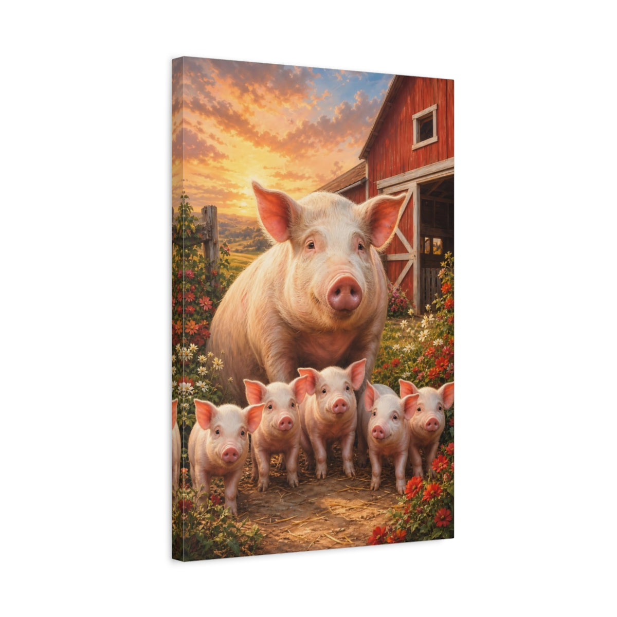 Side Mockup 3. Animals Pigs Sunset Farm Scene shown as stretched canvas wall art
