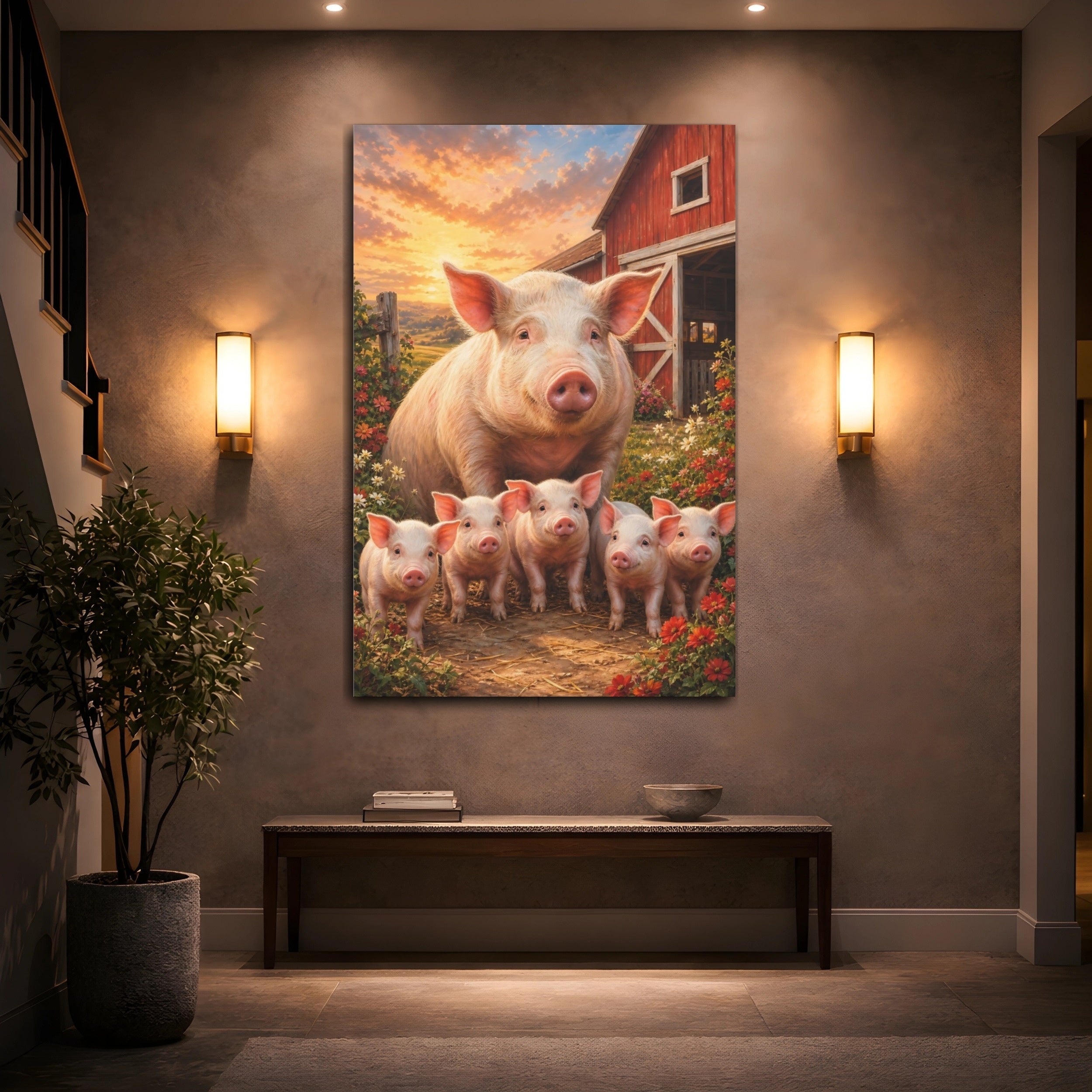 Mockup 2. Animals Pigs Sunset Farm Scene shown as stretched canvas wall art