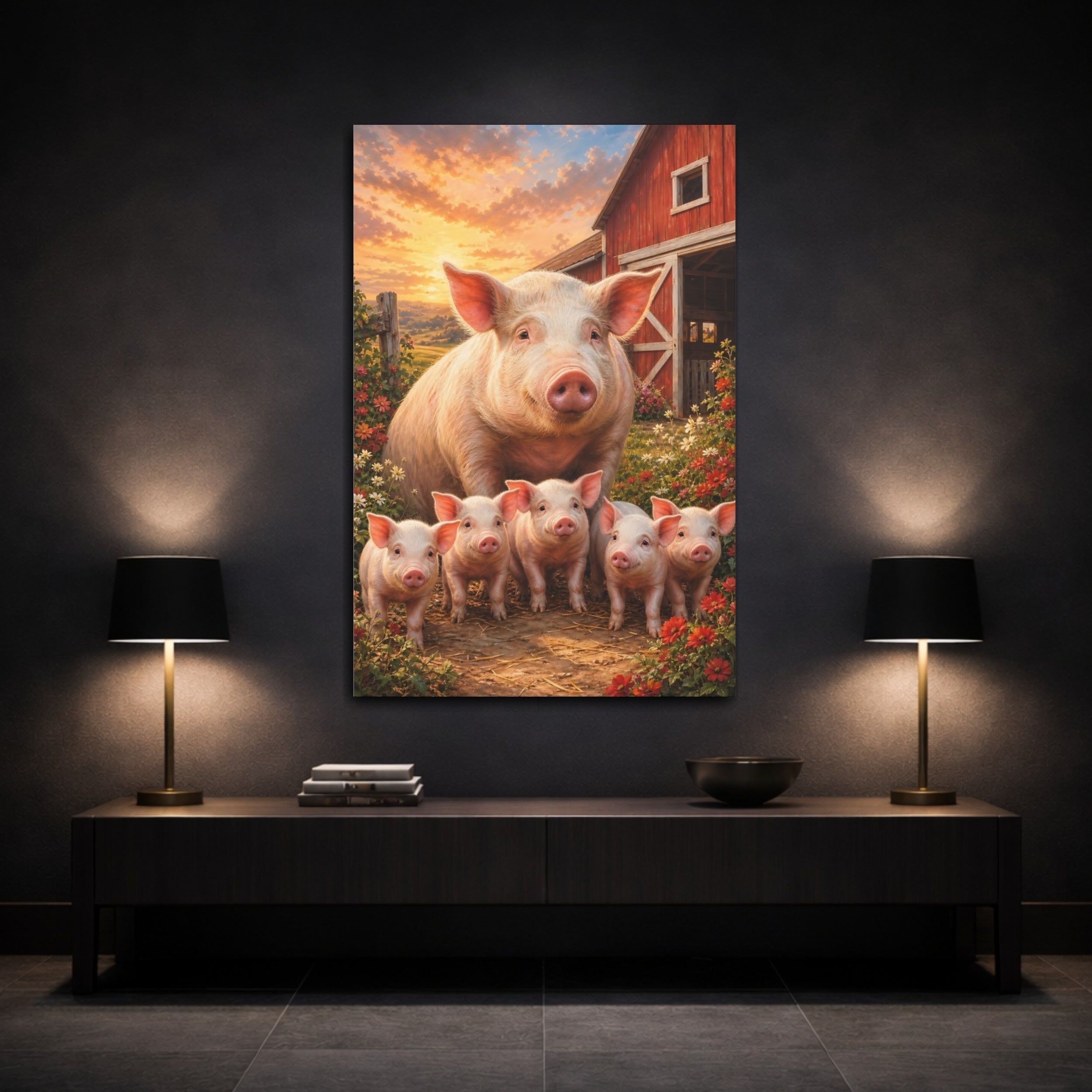 Mockup 3. Animals Pigs Sunset Farm Scene shown as stretched canvas wall art