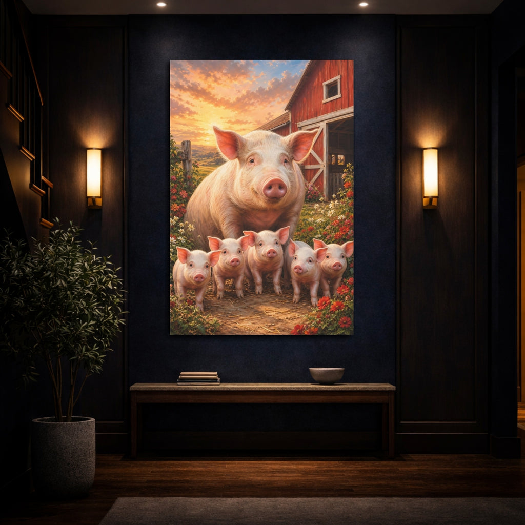 Mockup 4. Animals Pigs Sunset Farm Scene shown as stretched canvas wall art