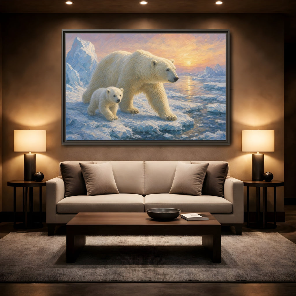 Mockup 2. Animals Polar Bears Polar Bear Sunset shown as stretched canvas wall art