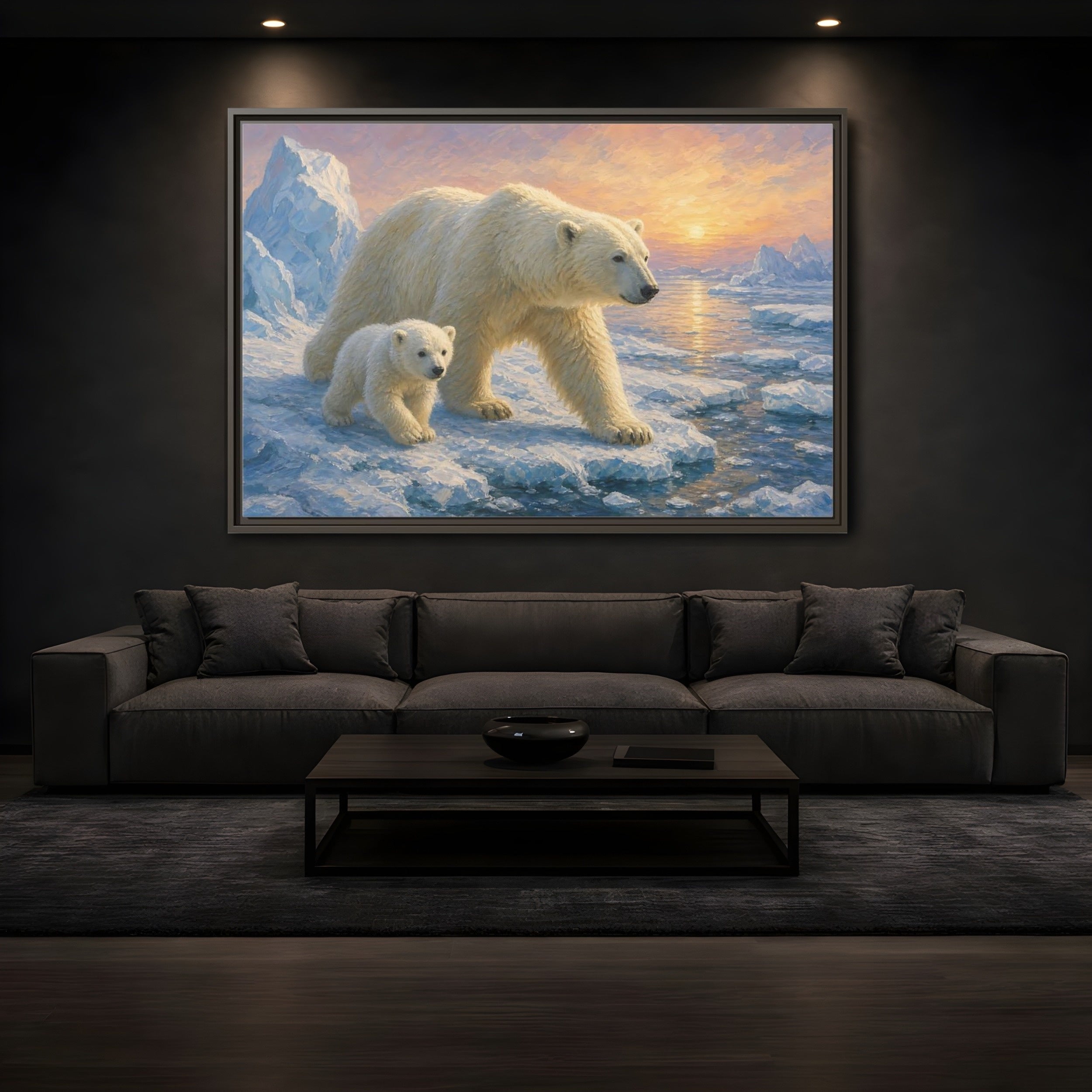 Mockup 3. Animals Polar Bears Polar Bear Sunset shown as stretched canvas wall art
