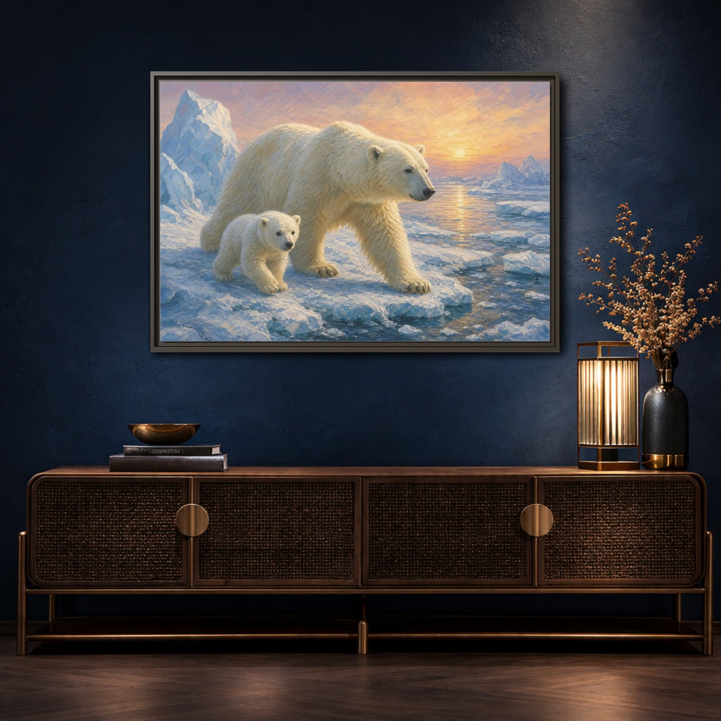 Mockup 4. Animals Polar Bears Polar Bear Sunset shown as stretched canvas wall art