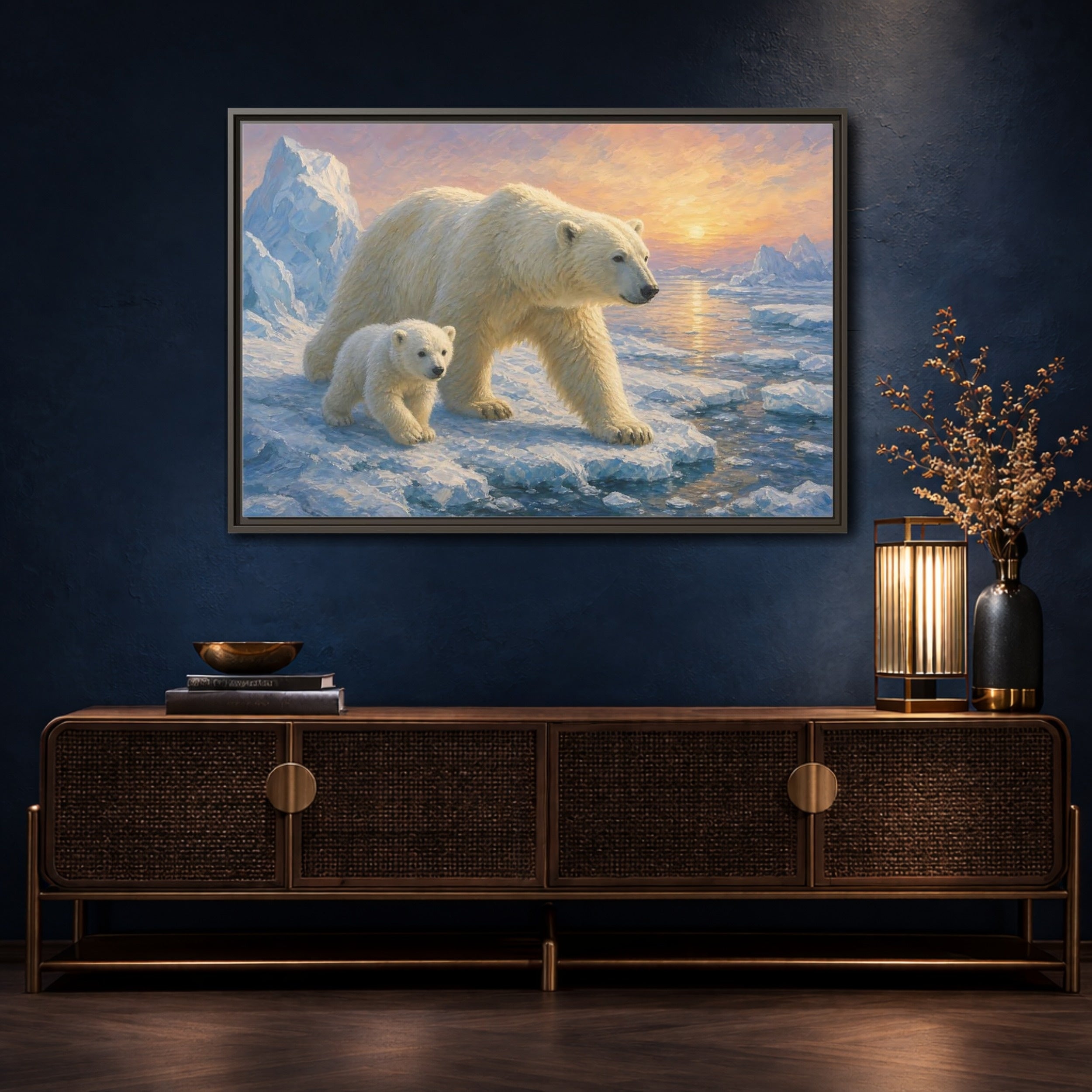 Mockup 4. Animals Polar Bears Polar Bear Sunset shown as stretched canvas wall art