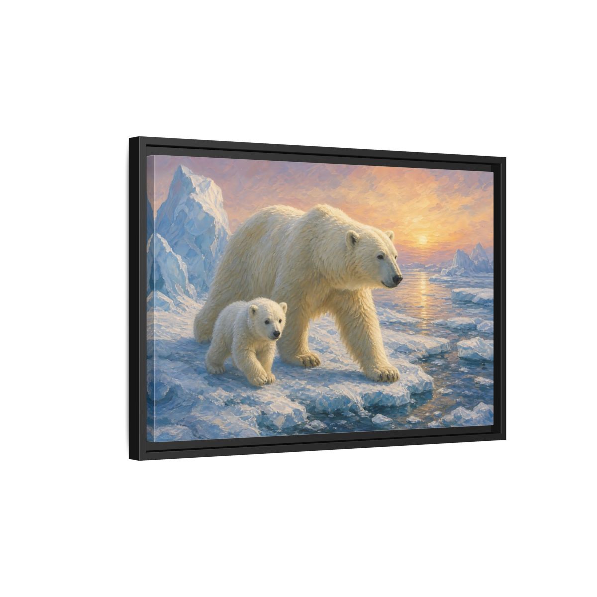 Side Mockup 3. Animals Polar Bears Polar Bear Sunset shown as stretched canvas wall art