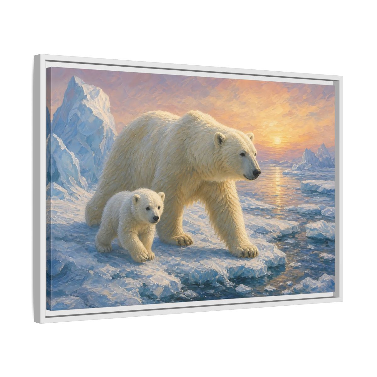 Side Mockup 10. Animals Polar Bears Polar Bear Sunset shown as stretched canvas wall art