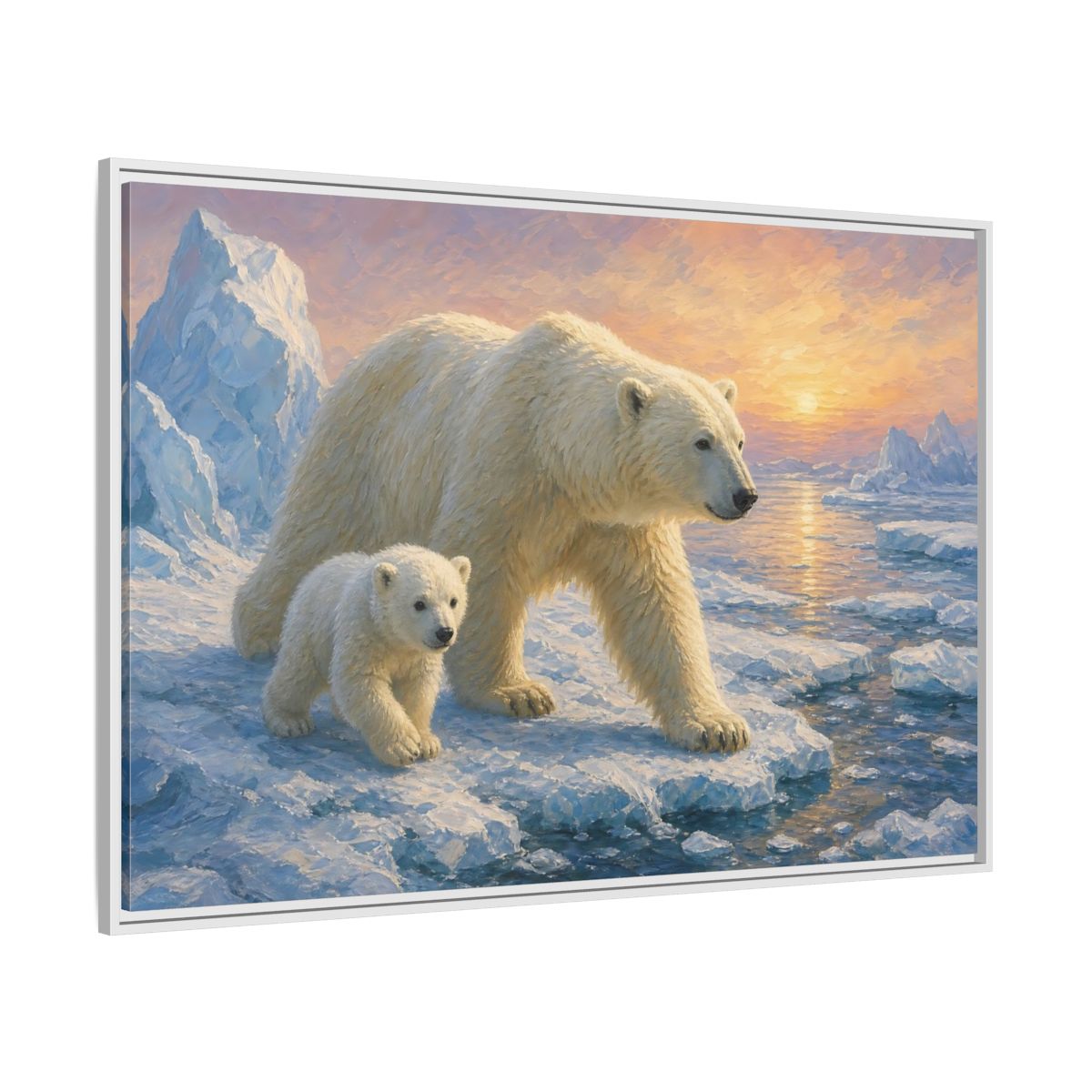 Side Mockup 7. Animals Polar Bears Polar Bear Sunset shown as stretched canvas wall art