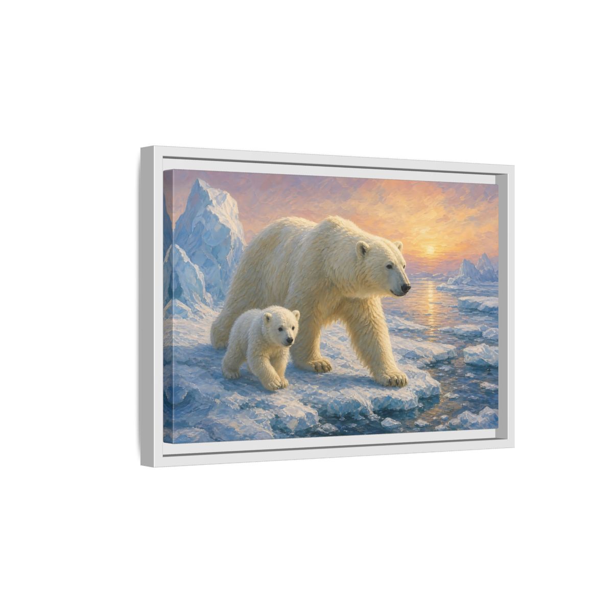 Side Mockup 4. Animals Polar Bears Polar Bear Sunset shown as stretched canvas wall art