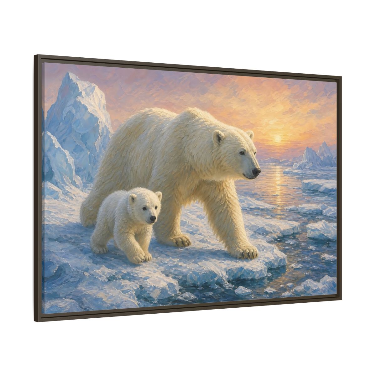 Side Mockup 8. Animals Polar Bears Polar Bear Sunset shown as stretched canvas wall art