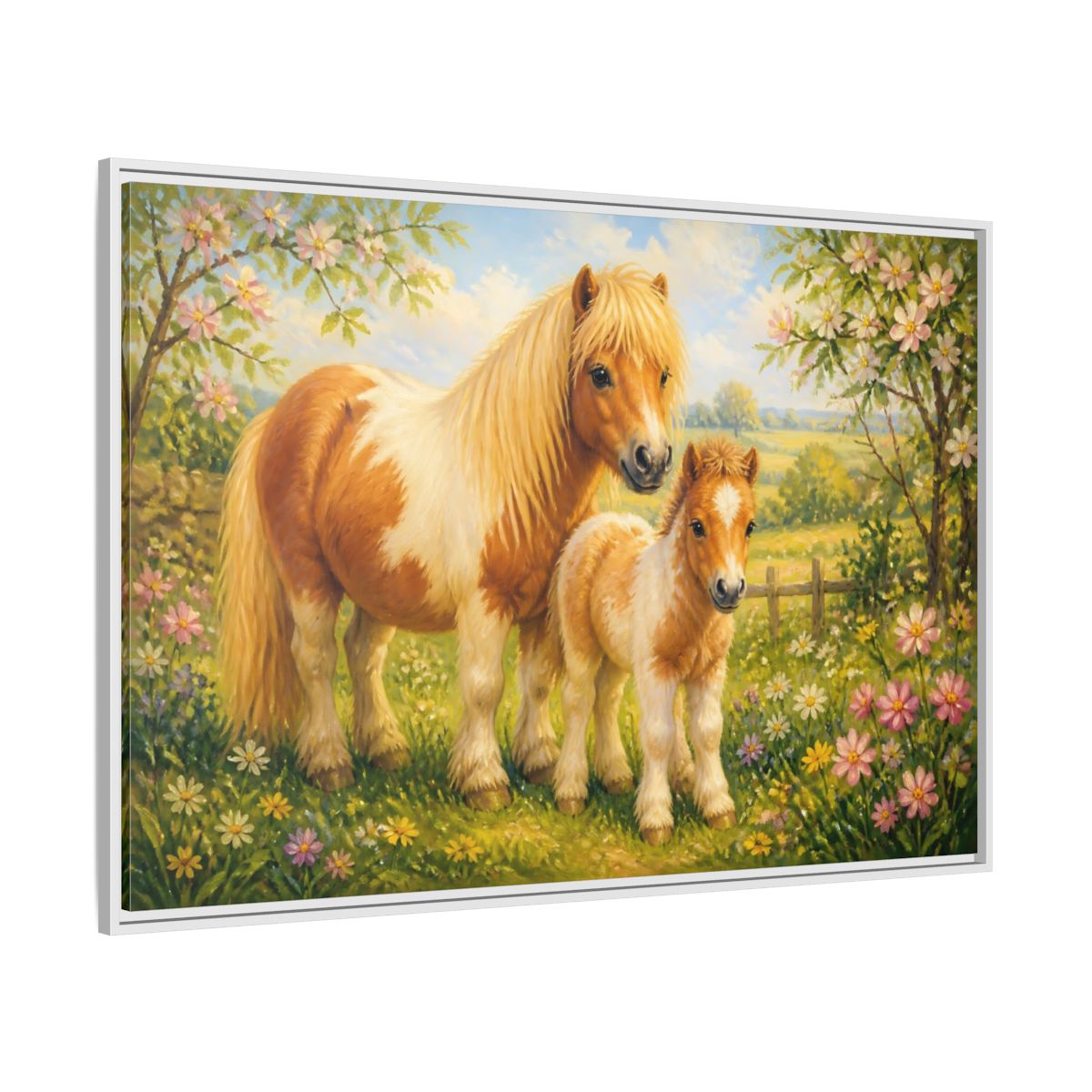 Side Mockup 7. Animals Ponies Ponies In Spring shown as stretched canvas wall art