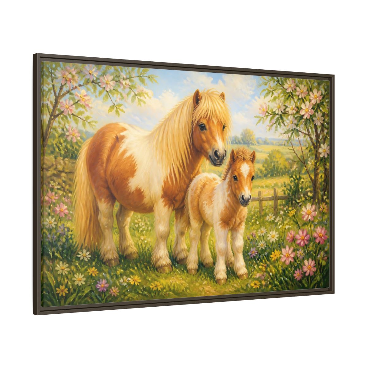 Side Mockup 8. Animals Ponies Ponies In Spring shown as stretched canvas wall art